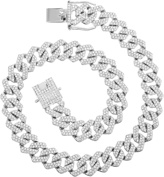 Silver Moissanite Cuban Link Chain for Men Women Iced Out Miami Cuban Chain Necklace Bling Diamond Hip Hop Jewelry for Women Men Faux Chain, Cool Necklace Rope Chain, 15.75"/40cm