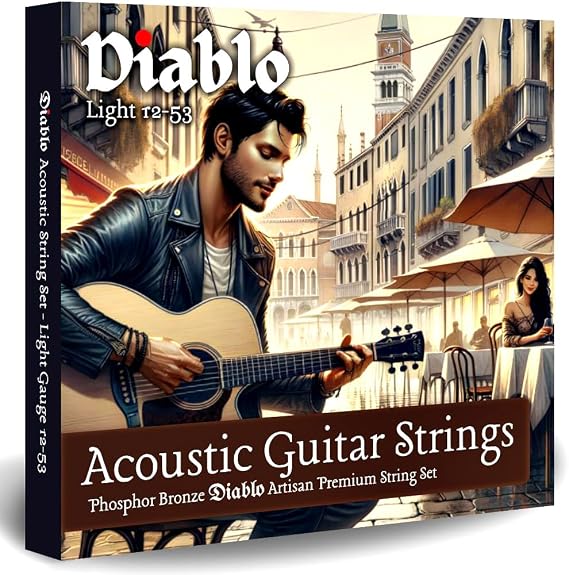 Diablo Acoustic Guitar Strings 12-53 Light Gauge - Phosphor Bronze 6-String Pack for Acoustic and Semi-Acoustic Guitars