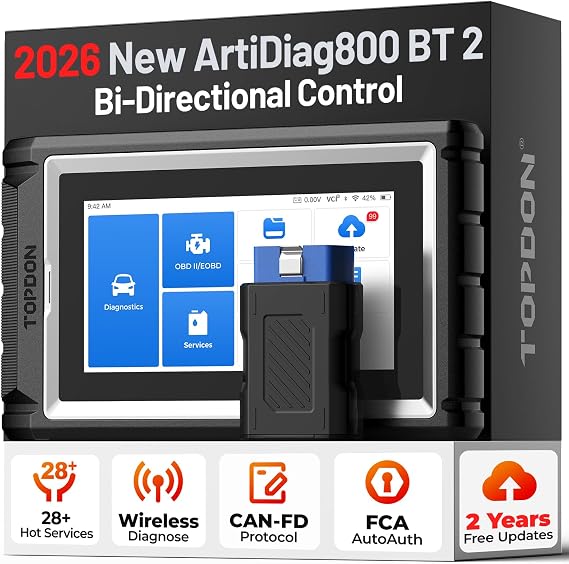 TOPDON AD800BT 2.0 Car Diagnostic Tool Bidirectional, All Systems Diagnosis | OBD2 Scanner with 28+ Reset Services, Oil Reset/EPB/SAS/TPMS/DPF, 2 Year Free Update, FCA AutoAuth, CANFD