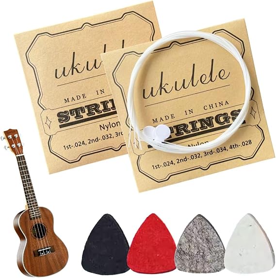 2 Sets Nylon Ukulele Strings with 4 Picks, Durable Replacement Strings for Soprano & Concert Ukuleles, Stable Tone Performance, Universal Musical Accessory Kit For Playing/Practice