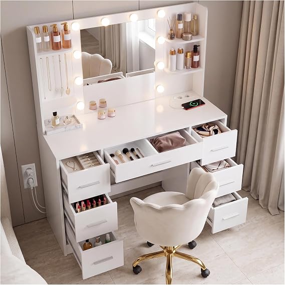 tectake® Vanity with Mirror, LED Lighting, 7 Drawers, 4 Shelves, USB