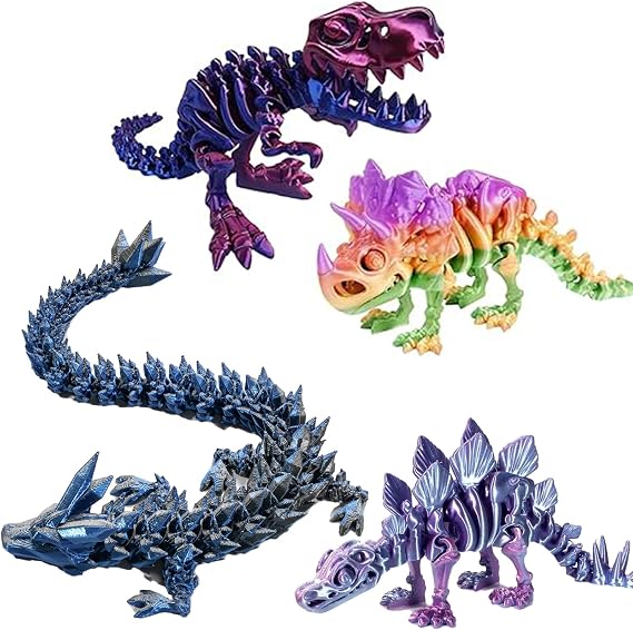 4 PCS 3D Printed Dinosaur Set, Laser Black T-Rex, Candy Triceratops, Dream Blue Stegosaurus and Dark Blue Chinese Dragon, 3D Printed Animals for Home and Office Decor