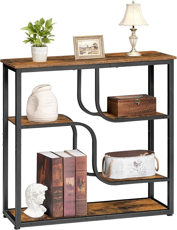 HOOBRO 4-Tier Slim Console Table for Hallway, Narrow Hallway Table with Storage Shelves, Behind Sofa Table for Small Space, living Rooms, Entryway, Bedroom, Rustic Brown and Black EBF69XG01