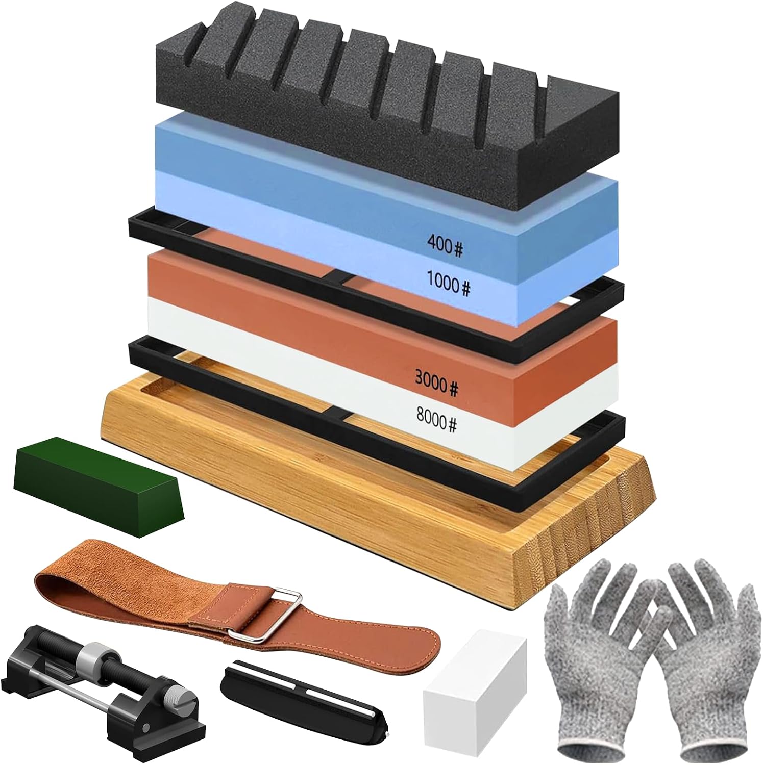 UCAMP Knife Sharpening Stone,Knife Sharpener,4001000 Grit 30008000,Non-Slip Base,Angle Guide,Leather Belt,Anti-Cut Gloves,Polishing Paste,Sharpening Guide,Flattening Stone