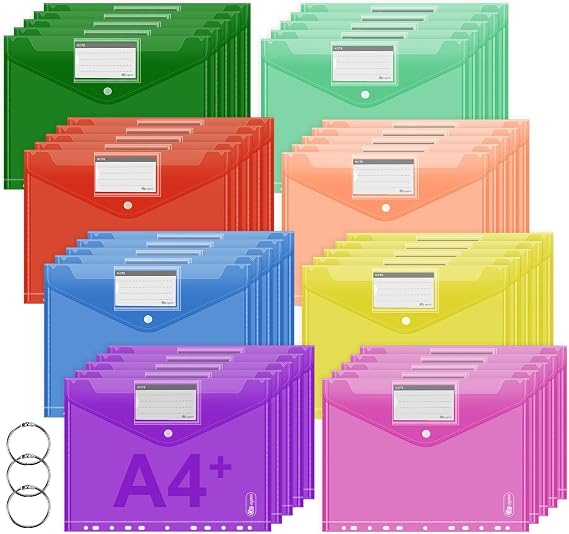 40 Pack A4 Plastic Wallets - 8 Assorted Colours Plastic File Folders with 11 Holes, Transparent Document Envelopes Wallets with Snap Button and Label Pockets for Office, School, and Home Organization