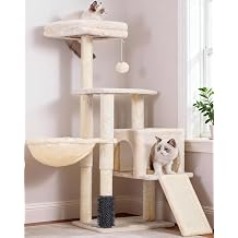 Heybly キャットツリーとキャットセルフグルーマーブラシ、キャットタワーコンドミニアム屋内猫用パッド入りプラッシュパーチ、バスケットスクラッチボードポスト付きキャットハウス、ベージュ HCT005SM