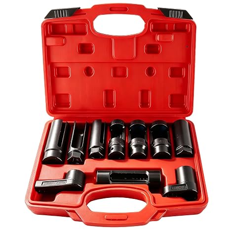 FreeTec 10-Piece Lambda Sensor Key Set 22 mm 27 mm 29 mm Lambda Sensor Socket 1/2 Inch 3/8 Inch Lambda Probe Tool Socket Wrench Nuts Set for Disassembly Lambda Sensor Car (Red)
