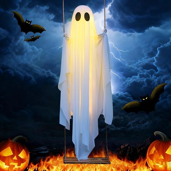 Halloween Swinging Ghost Hanging Decorations Outdoor, Light Up Large Spooky Tree Decor Kit with String Lights, Scary Party Decoration for Outside Garden Yard Lawn Home