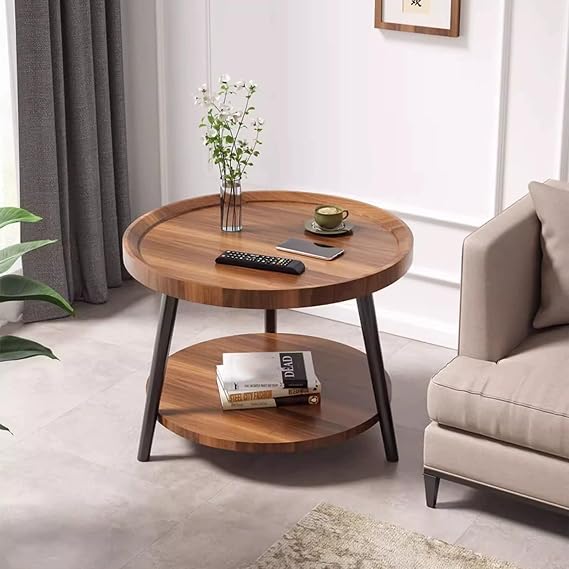 Coffee table, round lilla husby wooden coffee table, walnut color, 50 cm