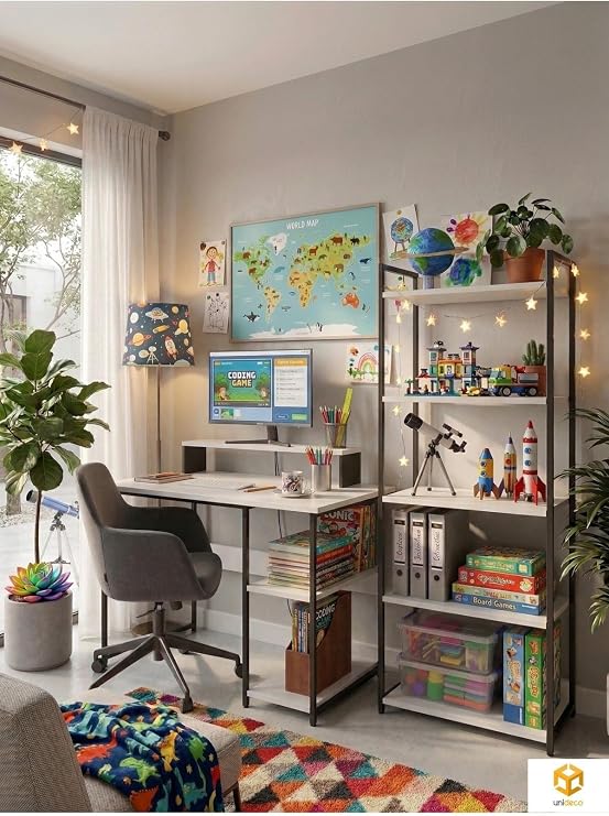 Vien 2 Set Kitaplıklı Masa Raflı Çalışma Masası 5 Raflı Kitaplık Monitör Yükseltici, Siyah - Beyaz