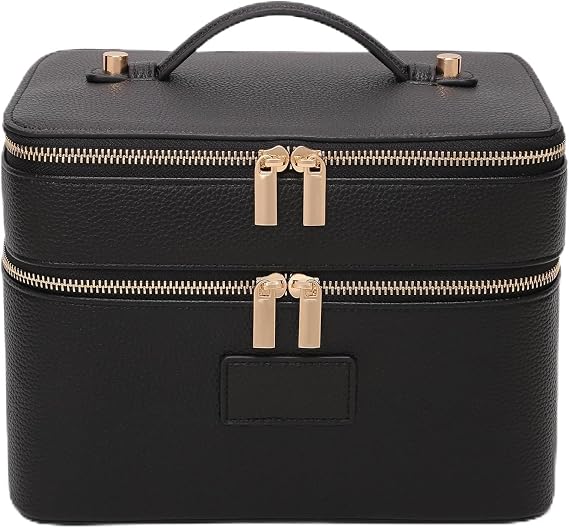 HiTotes Makeup Bag Vanity Case for Women Large Leather Makeup Case Travel Toiletry Bags Double Layer Cosmetic Bag for Daily Use