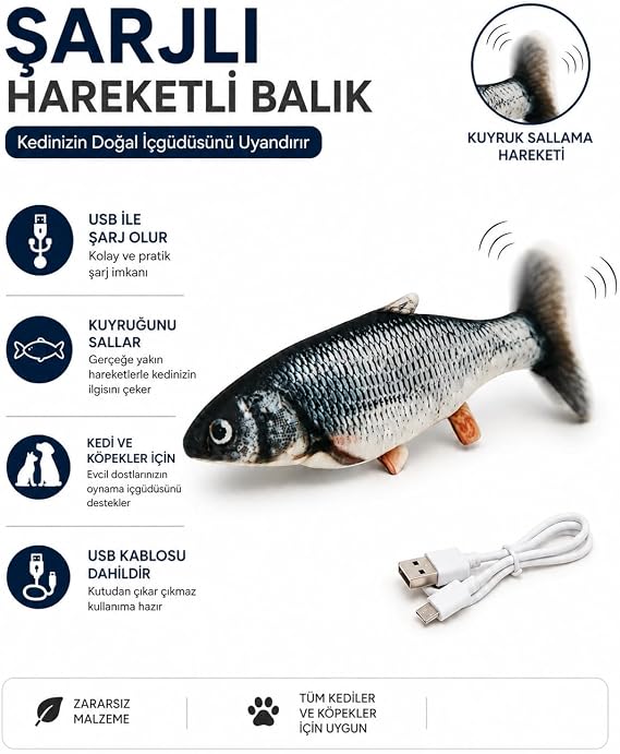 Catnipli USB Şarjlı Kuyruk Sallayan Hareketli Balık Kedi Oyuncağı, İnteraktif Peluş Kedi Oyuncağı, Kedilerin Takip Etme, Yakalama ve Avlanma İçgüdüsünü Destekleyen Eğlenceli Oyun Arkadaşı