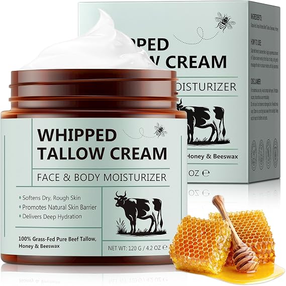 Beef Tallow Cream 120g, Beef Tallow for Skin, Sebum Face Cream, 100% Natural Organic Grass-Fed Honey and Honey for Face and Body, Deep Hydration