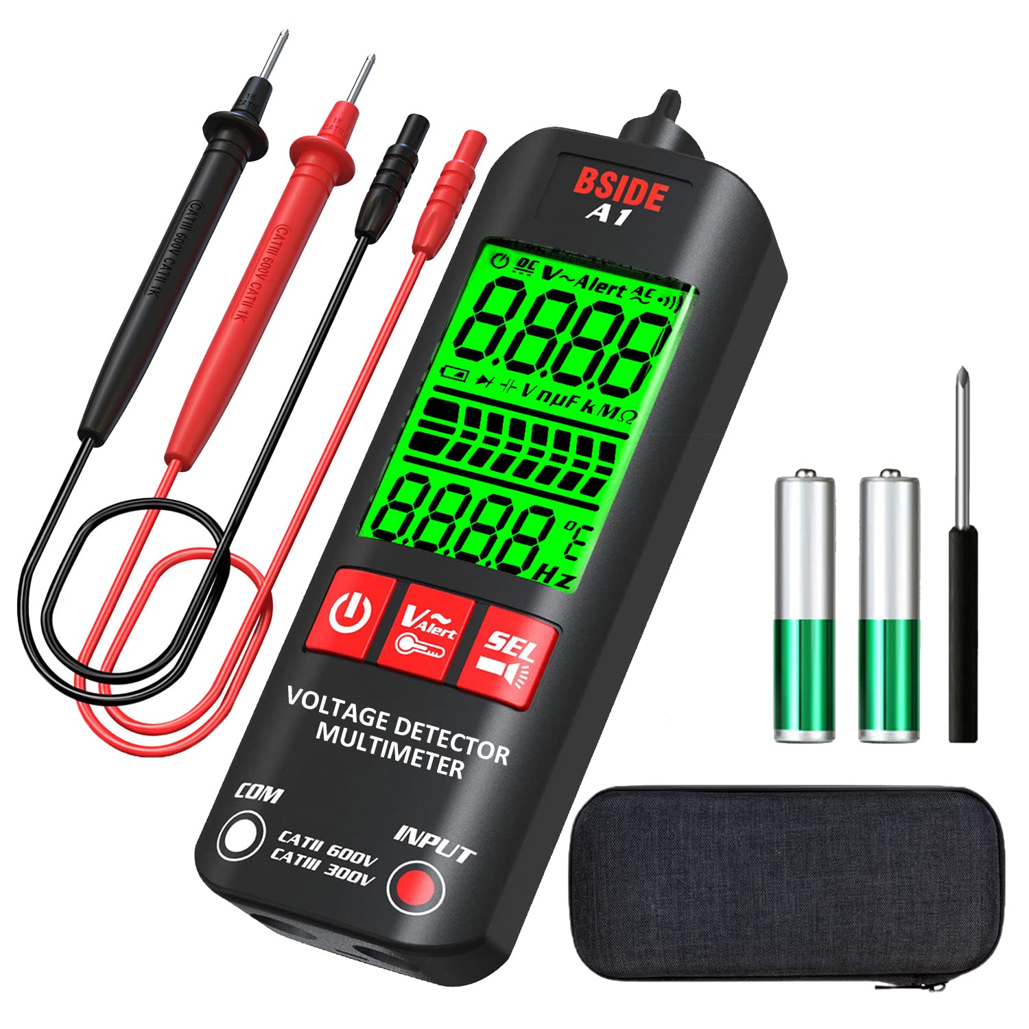 BSIDE A1 Smart Digital Multimeter Electrical Tester Pocket Voltage Tester 3 Results Display Auto Range Non Contact Voltage Detector Triple Buzzer Adjustable Sensitivity Continuity Tester with Case