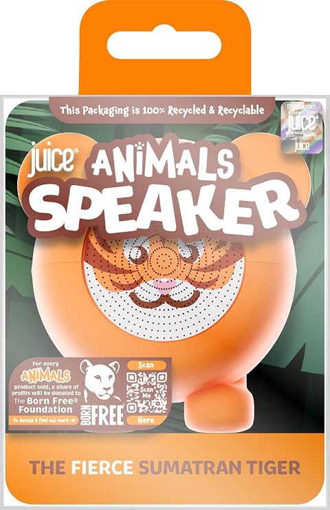 Juice The Animals Speaker, Wireless Rechargable Device, Stereo, for iPhone, iPod, iPad, Samsung, Smartphone, MP3 Player, Tablet, PC - Tiger