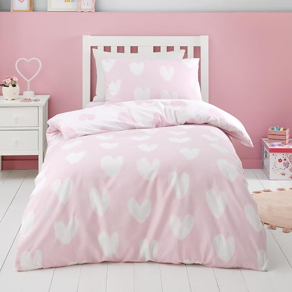Catherine Lansfield Brushed Cotton Hearts Reversible Single Duvet Cover Set with Pillowcase Pink