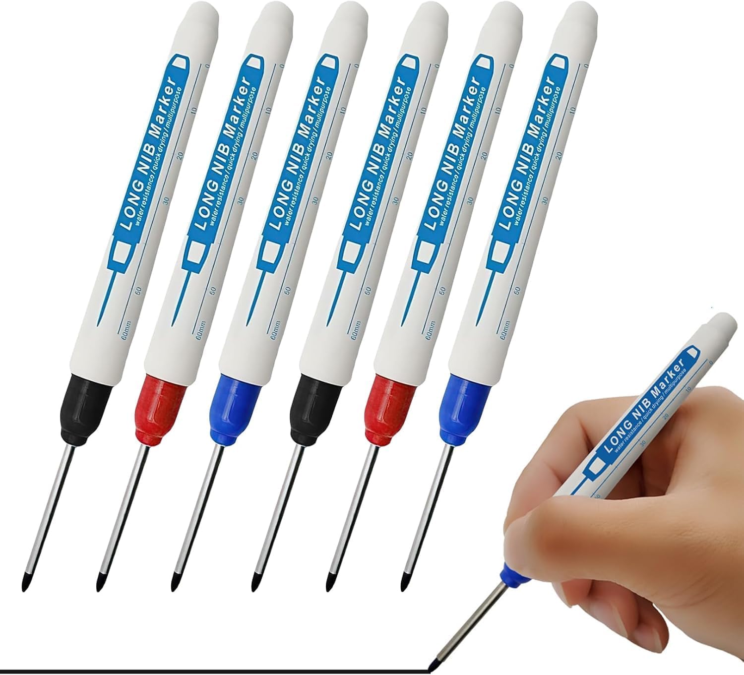6pcs Marxman Marking Tool,Marksman Marking Tool,Deep Hole Marker,Tracer Pen,Drill Hole Marker,for Permanent Marking of Hard to Reach Areas (Black Blue Red)
