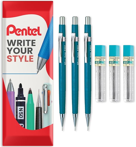 Pentel P200 Series Automatic Mechanical Pencils - HB Lead - 3 x Pencils + 3 Tubes of Refill Leads - In Envelope Gift Packaging (P207 (0.7mm))