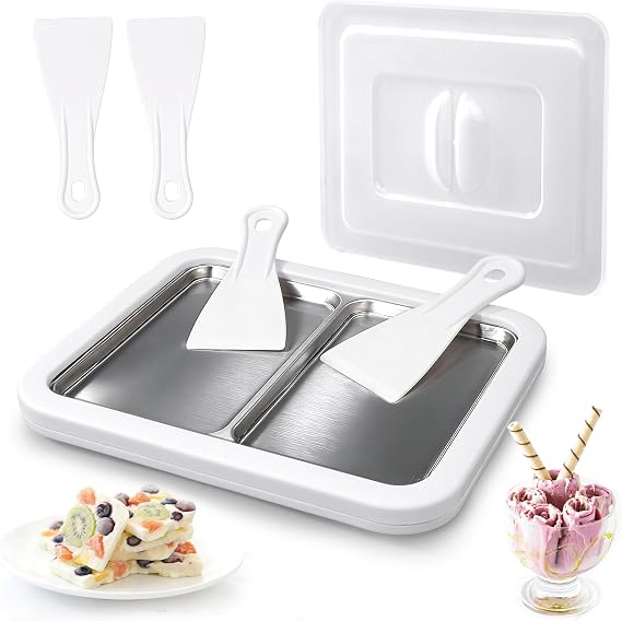 Rolled Ice Cream Maker, Dual Trays Instant Ice Cream Maker, Food-Grade Homemade Frozen Yogurt Maker for Kids & Family, DIY Ice Roll Machine with 4 Spatulas, Dustproof Design (White)