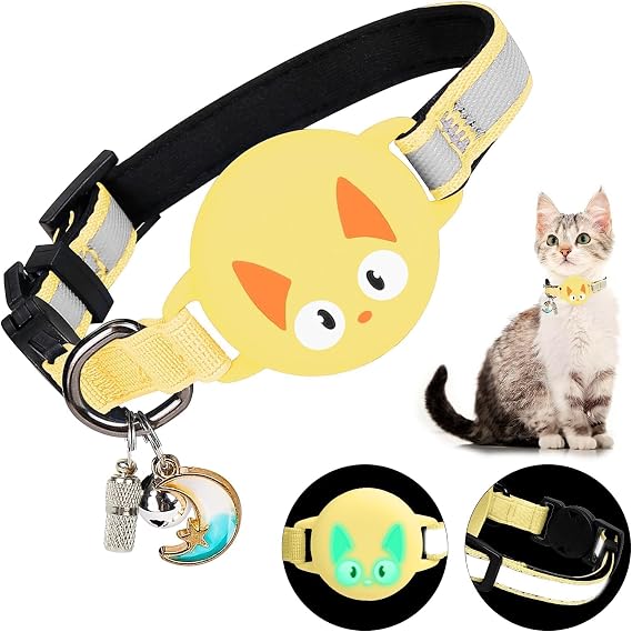 ベル付き反射分離猫首輪、Airtag安全バックル子猫首輪用隠しGPSトラッカー、ネームタグ付き、AirTag発光ホルダー用防水、アクセサリー、スタッフレモンイエロー