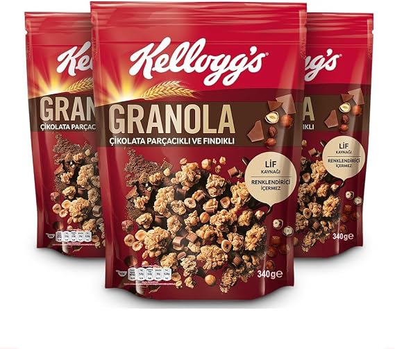 Kellogg's Çikolata Parçacıklı&Fındıklı Granola 340 Gr x 3 Adet,%44 Yulaf içerir,Lif Kaynağı