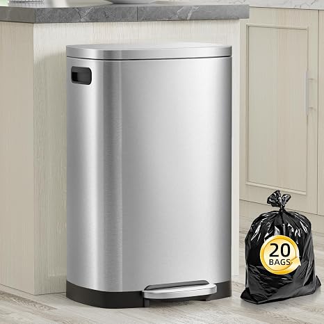 KdbK 13 Gallon Trash Can with Lid,Brushed Stainless Steel Kitchen Trash Can with Inner Bucket