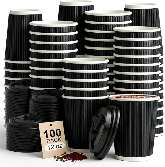12oz 100 Pack Black Disposable Coffee Cups with Lids