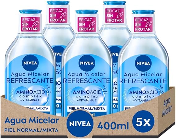 NIVEA Gentle Micellar Water for Dry/Sensitive Skin Pack of 5 (5 x 400 ml), Facial Cleansing Makeup Remover with Almond Oil, Eye and Face Makeup Remover