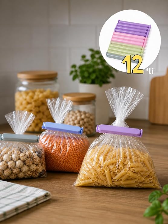 Beylini 12'li Pratik Poşet Kıskacı Mühür Klipsi Sızdırmaz Ambalaj ve Torba Kapatma Aparatı Pratik Poşet Ağzı Kapatıcı Sıvı Geçirmez Paket Kilidi Mandal