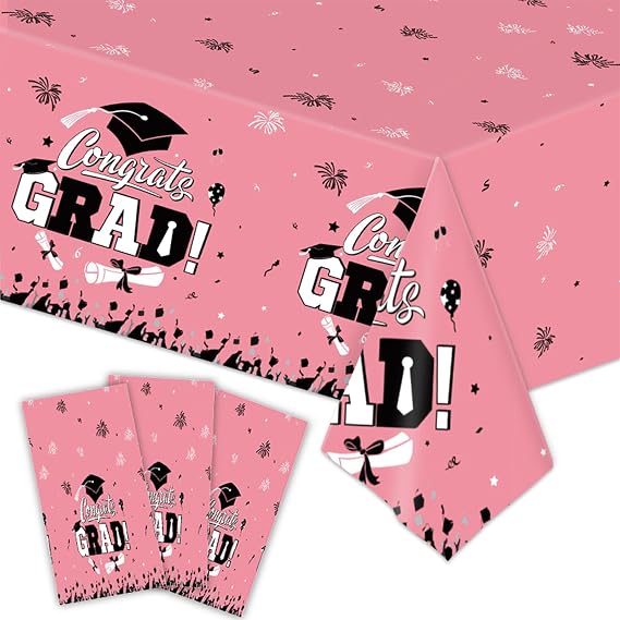3 Pack Graduation Tablecloth 54 x 108 Inch Disposable Plastic Table Cloth for Graduation Party Decorations Class of 2026 Table Covers Rectangle (Pink)