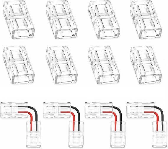8個 2ピン 8mm 透明LEDライトストリップコネクタ ストリップライト用LEDコネクタ 配線なし はんだなしアダプター ターミナル延長ワイヤ接続 4個 LEDストリップライト用L字型コネクタ 12v