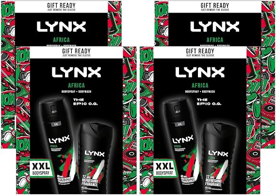 Lynx THE EPIC O.G. Africa 48 H High Definition Fragrance XXL Bodyspray 250 ml & 12 H Refreshing Bodywash 225 ml 2 Pieces Ready to Wrap Gift Set For Him,4pk