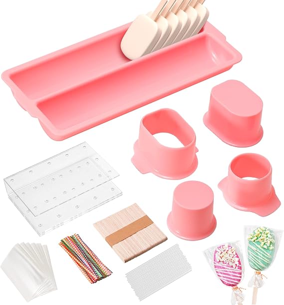Cakesicle Cutter and Cake Pop Mold Set with Acrylic Stands, Tray, Sticks, Cellophane Bags & Ties – Complete Baking Kit for Home Party Wedding Desserts