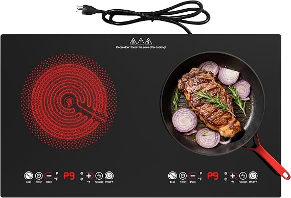 Electric Cooktop, 24 Inch 2 Burner Electric Cooktop 110V, Built-in and Countertop Electric Stove Top Plug in, 2400W Electric Stove, Compatible for All Cookware, Timer & Kid Safety Lock