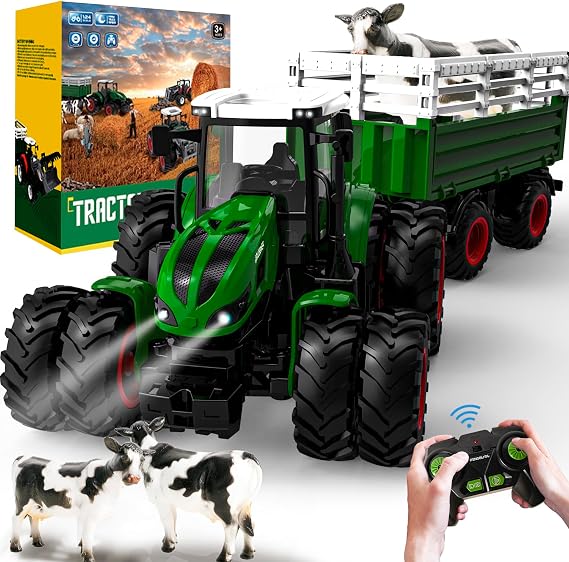PENGBU RC Remote Controlled Tractor with Trailer, Rc Tractor & Truck and Trailer Loader - 8 Wheels/Light/2.4GHz, farm Toys for 3-8 Year Old Boys Birthday Presents