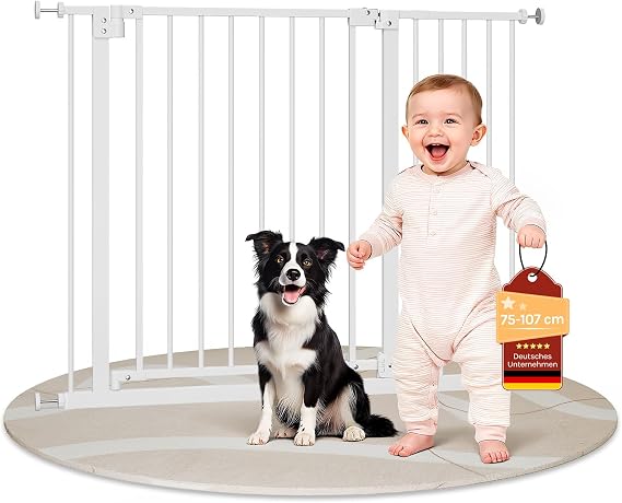 WOLTU Baby Safety Gate, Door Guard Stair Gate for Baby and Dog, Pressure Fit, One-Hand Opening, with Two 10cm Extension Panels, for Width 75-107cm, Dual Locking, White