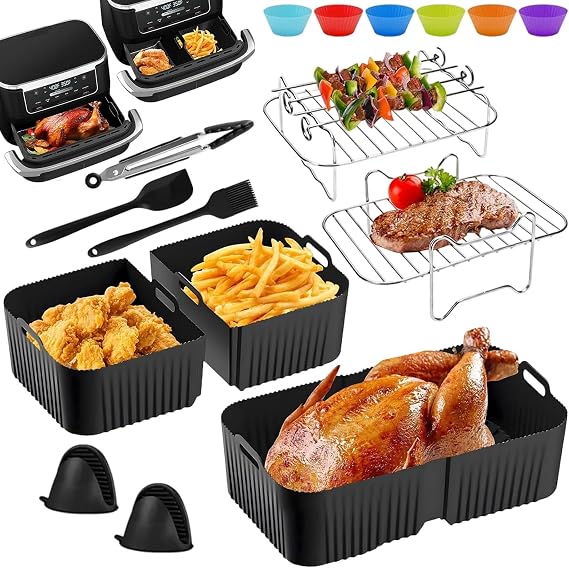Silicone Air Fryer Accessories, Foodi Flexdrawer 10.4L AF500EU Dual Zone Air Fryer Liners, Reusable Non-Stick Basket Inserts Replacement Drawers with Airfryer Baskets Grilling Rack Gloves Tong