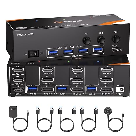 8K@60Hz 4K@144Hz KVM Switch 3 Monitors 3 Computers, Triple Monitors KVM Switch HDMI Displayport with 4 USB 3.0 Devices, Includes Power Supply, Wired Remote Control and USB Cables
