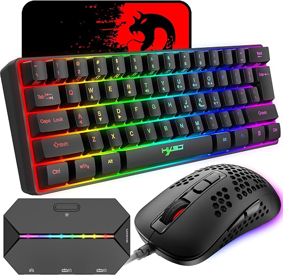 60% Wired Compact Gaming Keyboard 61 Keys 11 RGB Backlight Full Keys Anti-ghosting + Wired Lightweight Gaming Mouse 2400DPI Honeycomb Optical Mouse + Converter Adapter for PS4 Gamers (Black)