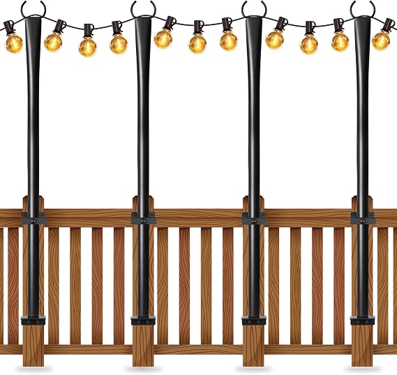 4 Pack String Light Poles for Deck, 5Ft Heavy-Duty Metal Deck Light Poles for Outside with Fixing Clips, Lighting Hanging Post Accessories for Patio Decor Garden Backyard Yard Fence Porch Decorations