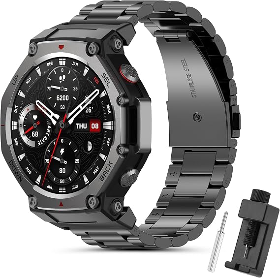 SenMore Metal Strap Compatible with Amazfit T-Rex 3, Adjustable Stainless Steel Replacement Bracelet for Amazfit T-Rex 3.(No Host)