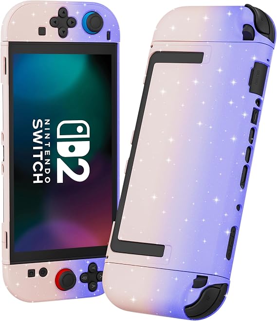 RHOTALL ピンク パープル グリッター ドッキング可能ケース Nintendo Switch 2 2025用、かわいいハード保護PCシェルケース、取り外し可能なジョイコン付きスリムカバー Switch 2 7.9インチ対応 女の子用