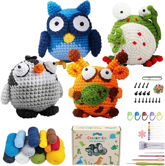 Complete Crochet Kit for Beginners, 4 PCS Animals Crochet Starter Kit with Step-by-Step Instructions & Video Tutorials, Beginner Crocheting Kits for Adults Kids, DIY Christmas Birthday Gifts for Girls
