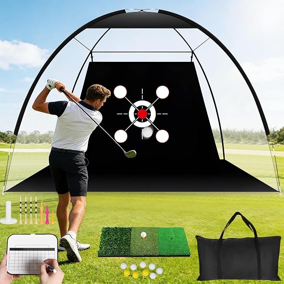10x7ft Golf Practice Net for Garden, Simulator Training Set with Mat & Bag