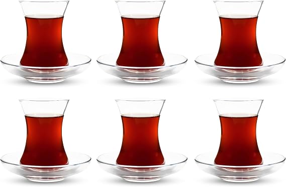 ums Turkish Tea Glass Set - Slim waist design and thick sole prevent tea from chilling out. 6 Saucers, 6 Glasses, Coffee Glasses, Convenient Tea Set, Set of 12