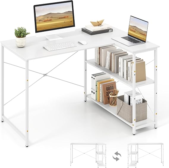 COSTWAY Corner Computer Desk, L-Shaped Writing Study Table with Reversible and Adjustable Bookshelf, Space-Saving Home Office PC Laptop Workstation (White, 118 x 86 x 74cm)