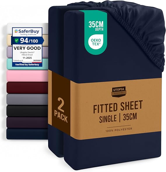 Utopia Bedding Fitted Sheet Single (2 Pack), Navy - Deep Pocket 14 inch (35 cm) - Oeko Tex Certified - Easy Care - Soft Brushed Microfibre Fabric - Shrinkage and Fade Resistant - Bottom Sheet