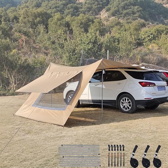 2.9x4.8m Generic Campervan Awning Car Canopy with Screen Window Suitable for Cars Vans and Camper Vans Protects Against Sun and Rain Camping Tarp Shelter