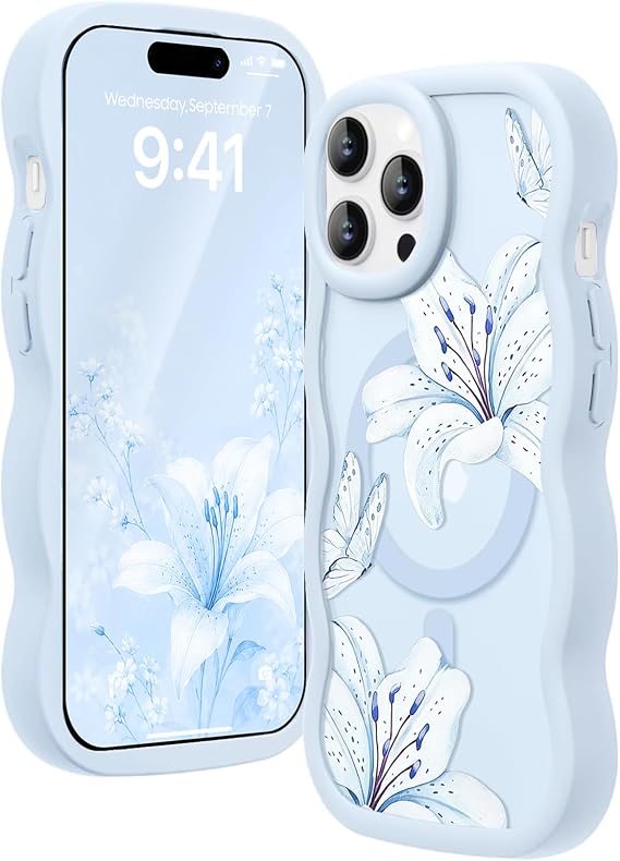 iPhone 13 Pro Max用ケース MagSafe用 ウェービーリリーフローラル ブルーケース