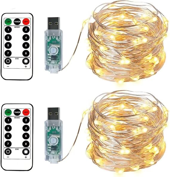 BXROIU 2 x 100 LEDs String Lights in 10 m Copper Wire USB with Remote Control 8 Programmes and Time Selection [Energy Class G]